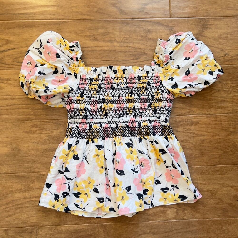 Kate Spade Top Size M Lily Blooms Puff-Sleeve Pink Yellow White Floral Print